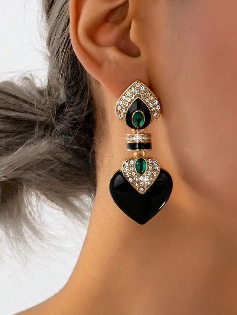 Gold-Tone Black Heart Drop Earrings with Emerald Accents